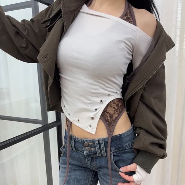 플리즈노팔로우 언발 셔링 티셔츠 + 가터 레이스 홀터 나시 