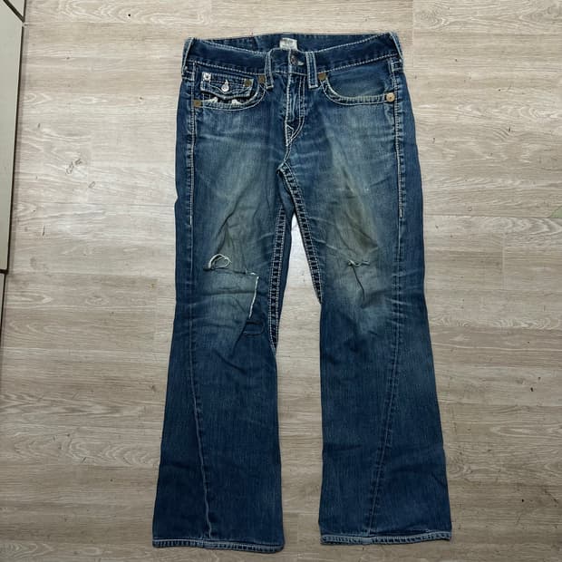 트루릴리전 여성 데미지드 워싱 데님팬츠 찢청바지 [중청] 32