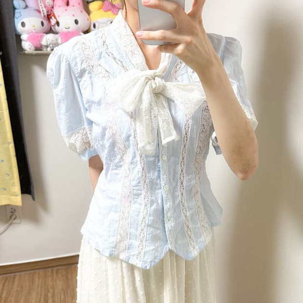 빈티지 하늘색 레이스 리본 블라우스 히메갸루 스나계 일브 발레코어 모리걸