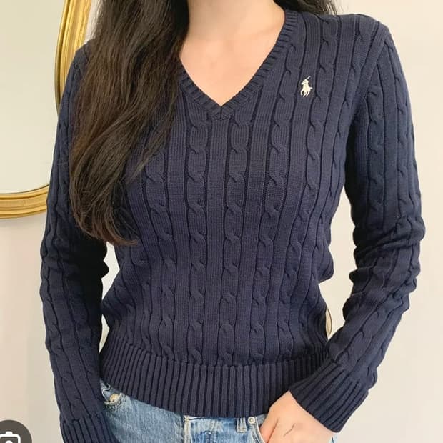 폴로 랄프로렌 케이블 니트 코튼 브이넥 스웨터 네이비 S