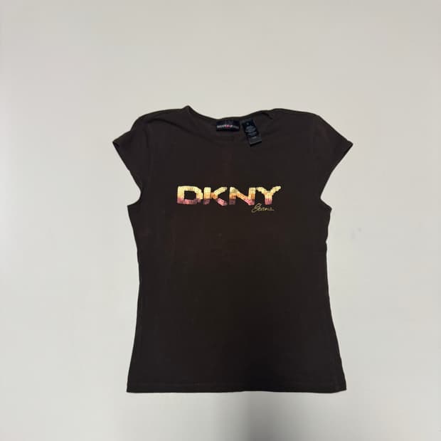 여성 DKNY 스펠아웃 스판 혼방 스팽글 티셔츠 코코아 xs