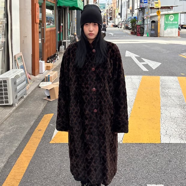 Deep Brown Patterned Faux Fur Long Coat