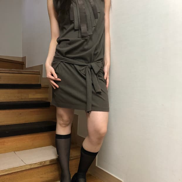 빈티지 브라운 카키 벨티드 원피스