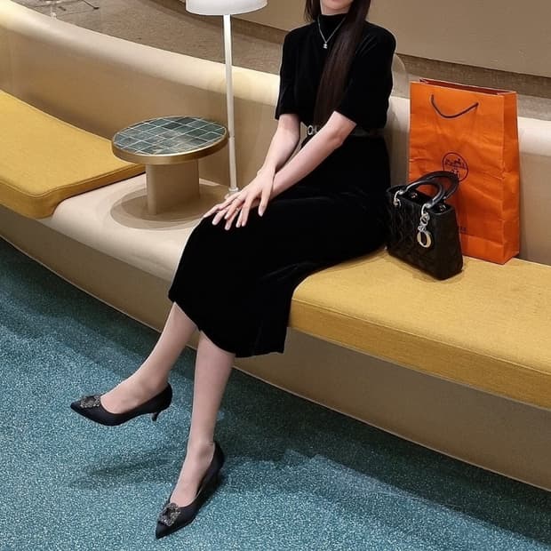 고급 벨벳 반팔 롱원피스 롱드레스 블랙