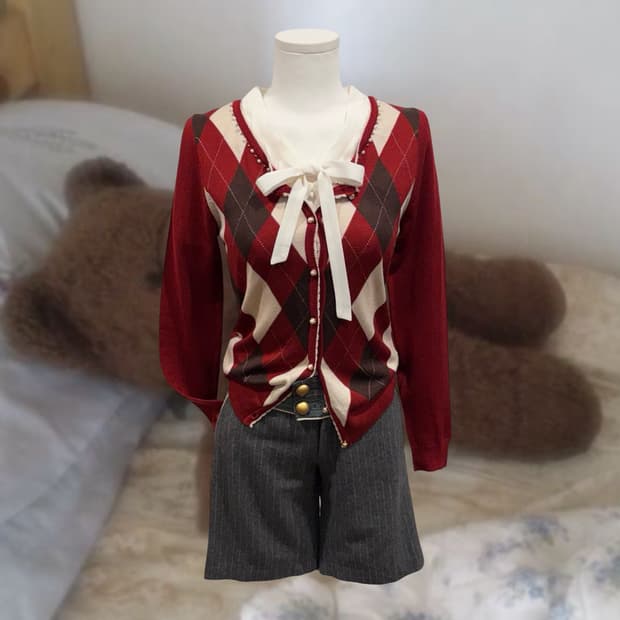 빈티지 y2k 하이틴 버건디 아가일 니트 가디건