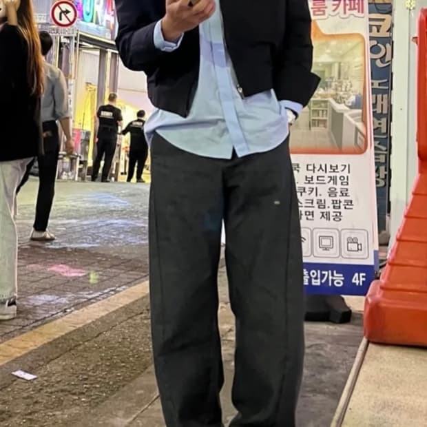 인템포무드 커브드 와이드 데님 다크그레이