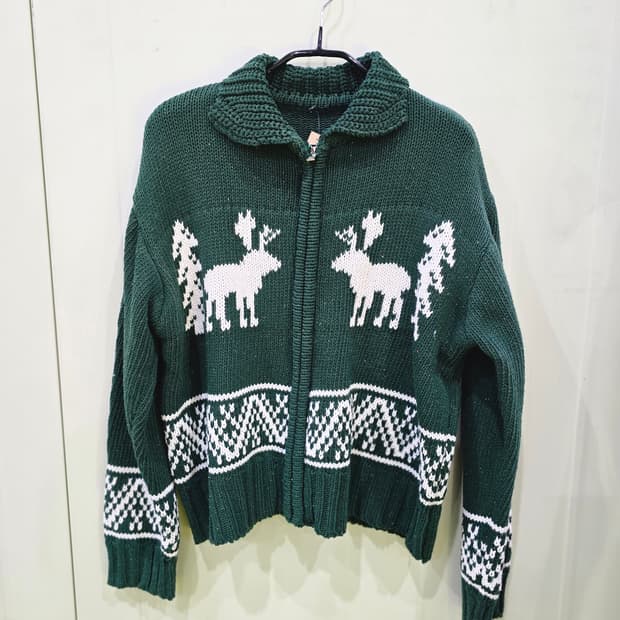 사슴 패턴 니트 가디건 그린