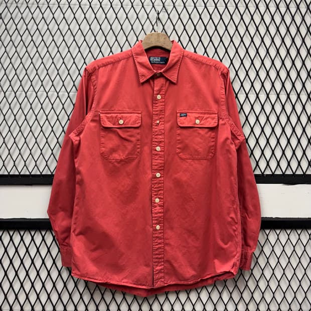 폴로 랄프로렌 솔리드 긴팔 셔츠 레터링 로고 포인트 코랄