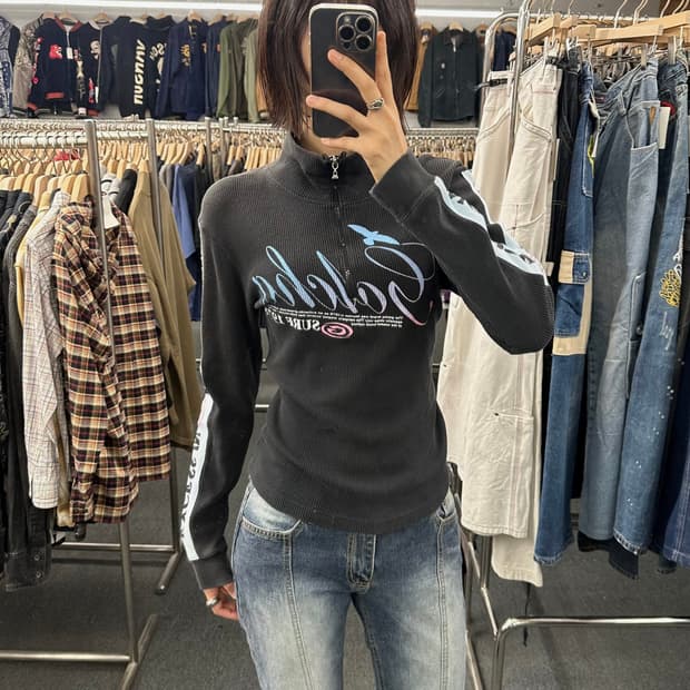 M)Gotcha 서프 로고 블랙 와플 하프집업 롱슬리브