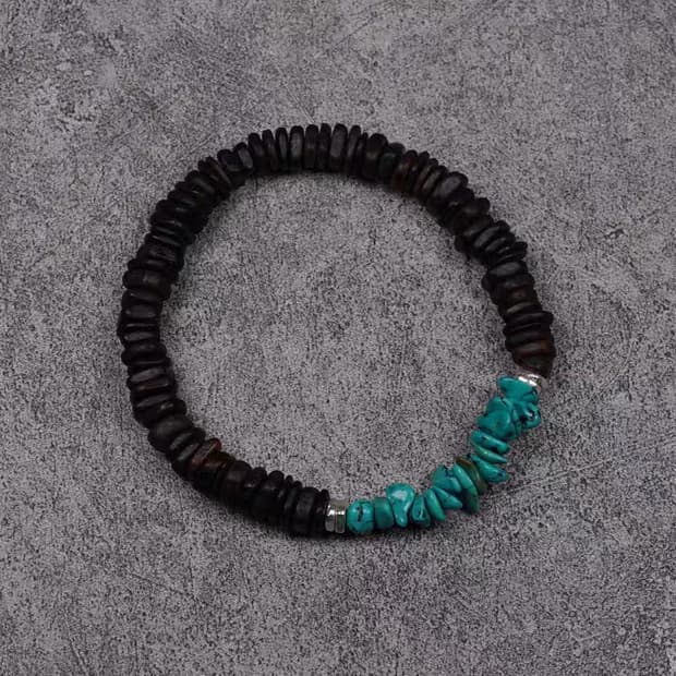 Oceanora 천연 터키석 침향목 실버 비즈 커플 팔찌