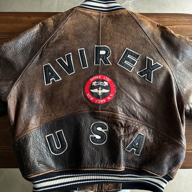 90s Avirex 아비렉스 레더 바시티 자켓 브라운