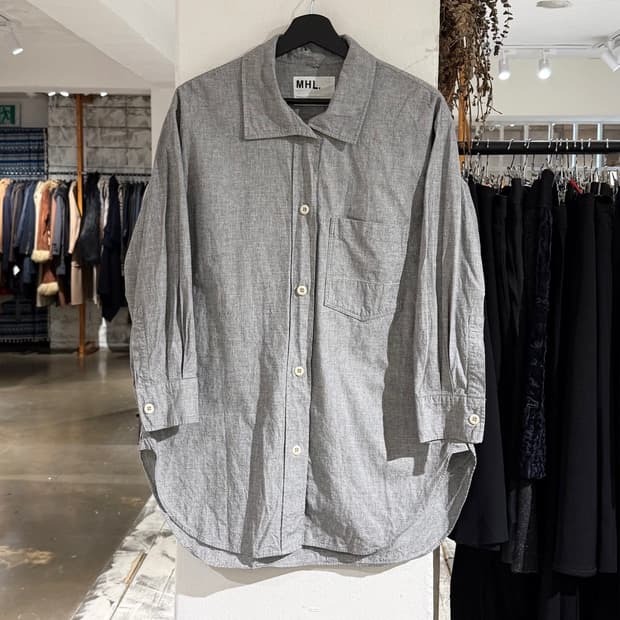 mhl 마가렛 호웰 그레이 코튼 리넨 포켓 롱 셔츠