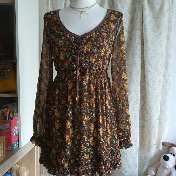 [히피룩] 플라워 패턴 롱 슬리브 쉬폰 미니 원피스