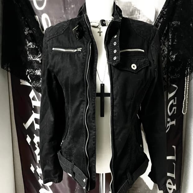 Vkei 00s 벨티드넥 지퍼 라이더 야상코튼자켓 다크웨어emo버커루맛