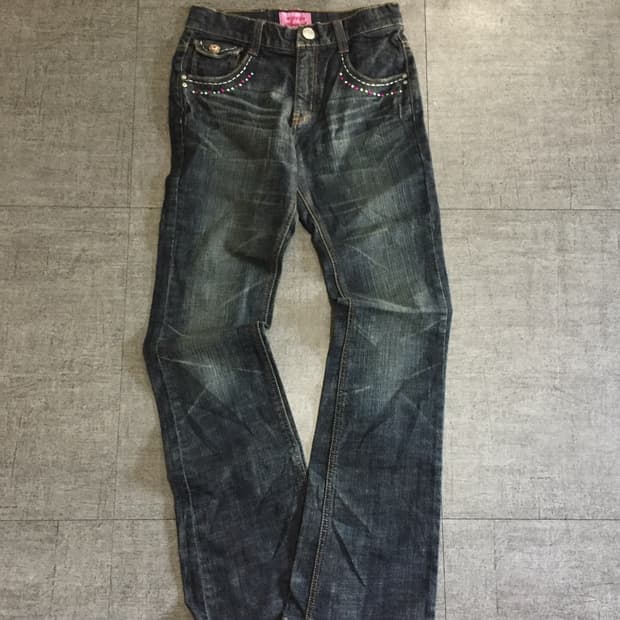 일본 Oolala 핀터깔y2k락펑크 웨스턴진주 데님부츠컷팬츠