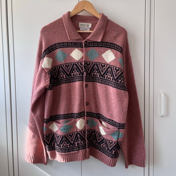 핑크 아가일 울니트 아방 가디건 