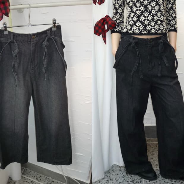 strap detail wide denim pants