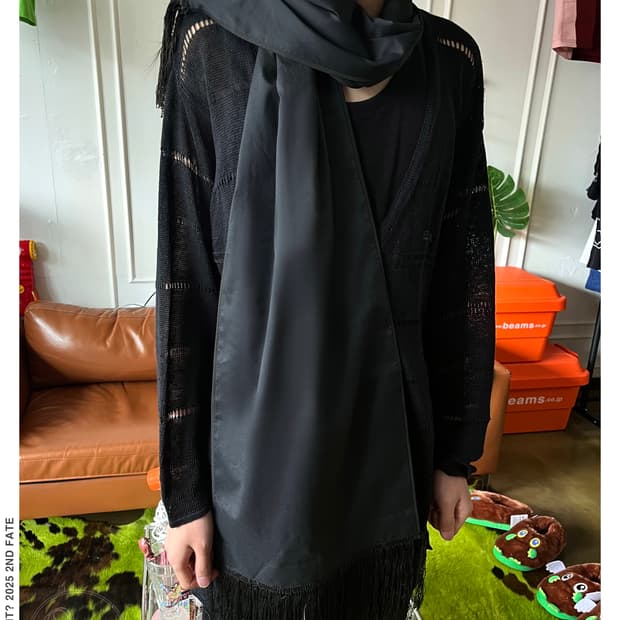 Jpn Vintage Tassel Trim Black Long Scarf