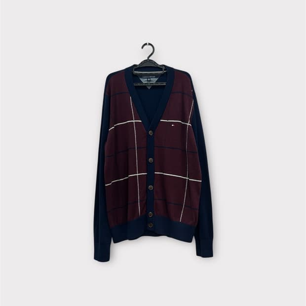 타미힐피거 체크 패턴 가디건 남성 XL 네이비/버건디