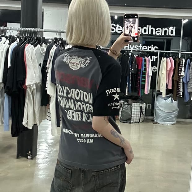 벤슨 모터사이클 프린팅 블랙 그레이 래글런 반팔 티셔츠