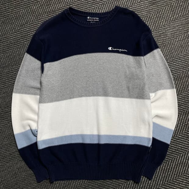 00s 챔피온 올드스쿨 컬러블럭 박시핏 단가라 니트o 5354
