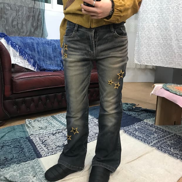 INTERFLOW 스판 스타 자수 워싱 부츠컷 게임팬츠 