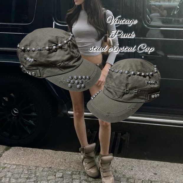 Vintage Punk khaki stud crystal Cap