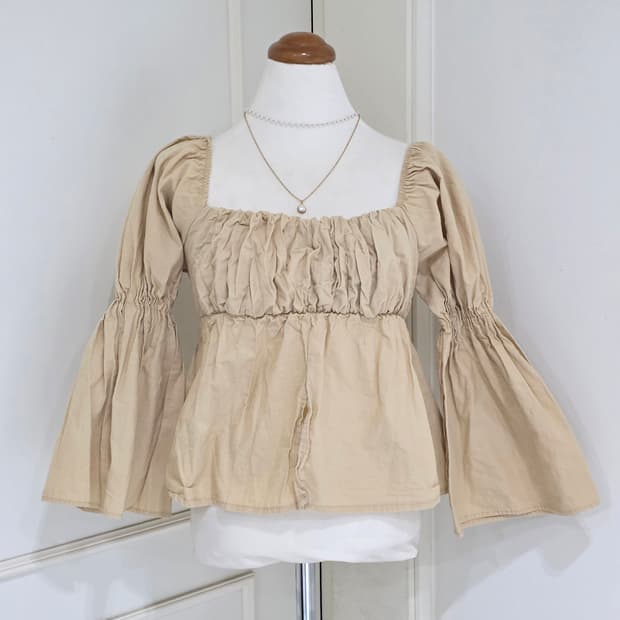 빈티지)베이지 린넨 셔링 청순 스모크 스퀘어넥 오프숄더 모리걸 블라우스