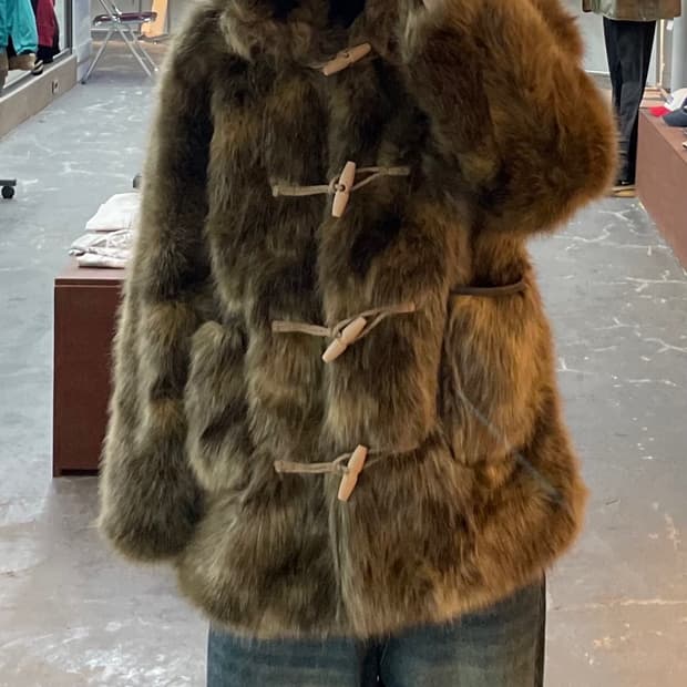 파르티멘토우먼 후디드더플 퍼 코트 믹스 브라운 H1554