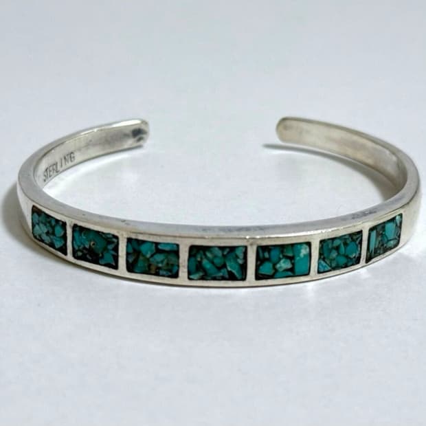 네이티브 아메리칸 주니족 터키석 인레이 실버 뱅글