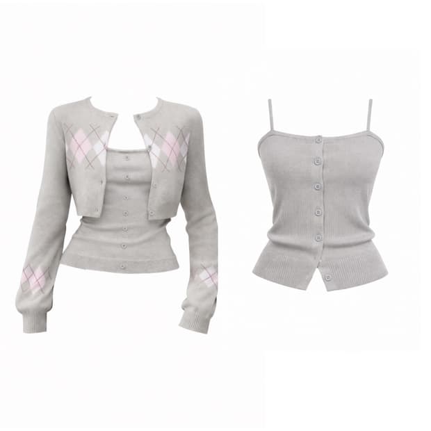 아가일 크롭 니트 가디건 투피스세트 ( 그레이 )