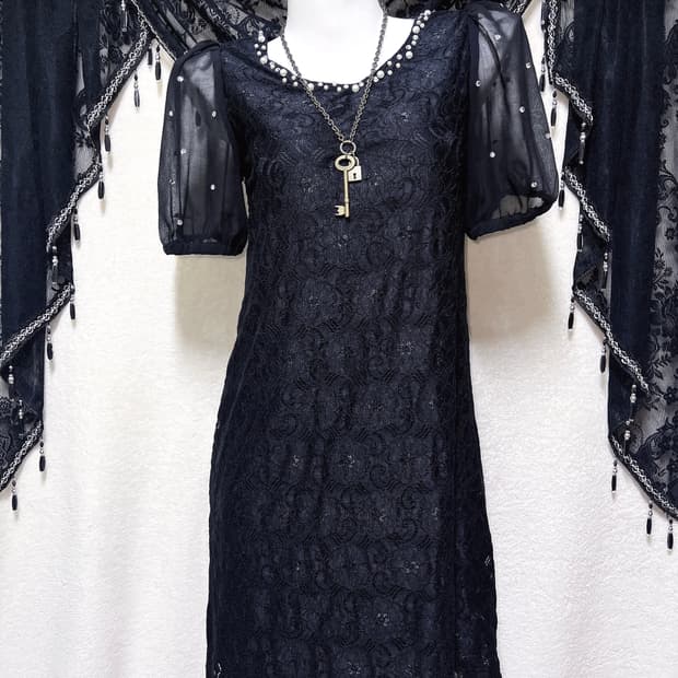 로맨틱고딕 고스 퍼프숄더 큐빅 블랙 레이스 드레스 원피스 다크페어리 핀터