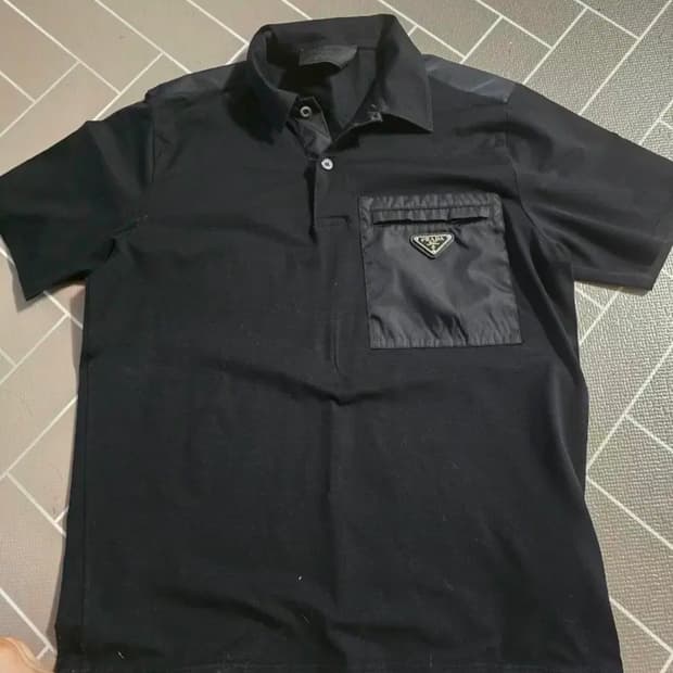프라다 블랙 리나일론 포켓 반팔 폴로 티셔츠 M