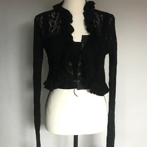 Eyelet Ruffle Open Knit Cardigan