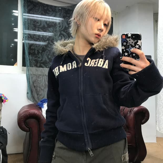 아베크롬비 여성 네이비 투웨이 울프죠 후드집업 