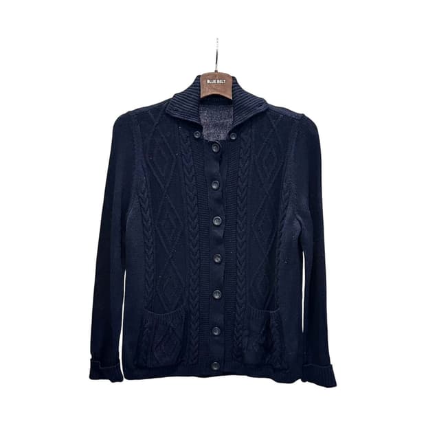 JPN VINTAGE 케이블 니트 가디건 카라넥 투포켓 디테일 네이비