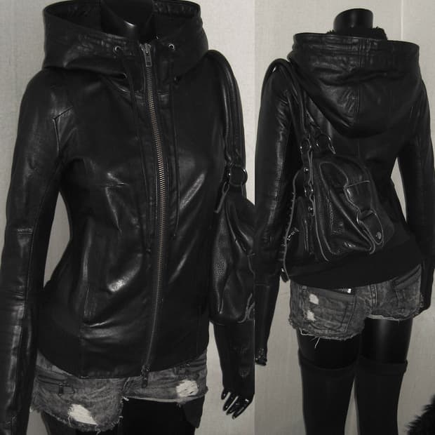 Moussy 마우지 하이넥 후드 레더 자켓 집업