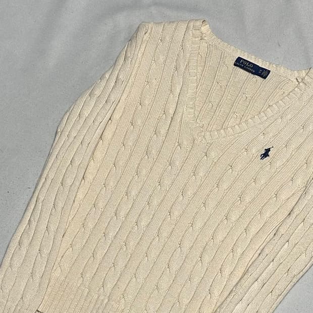 XS 폴로랄프로렌 여성용 아이보리 케이블 브이넥 니트