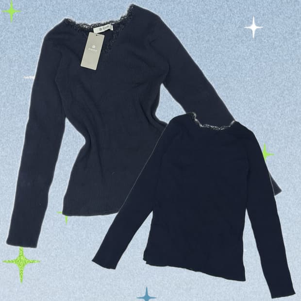 양산형 지뢰계 브이넥 네이비 레이스 골지 티셔츠 이너 레이어드 로맨틱