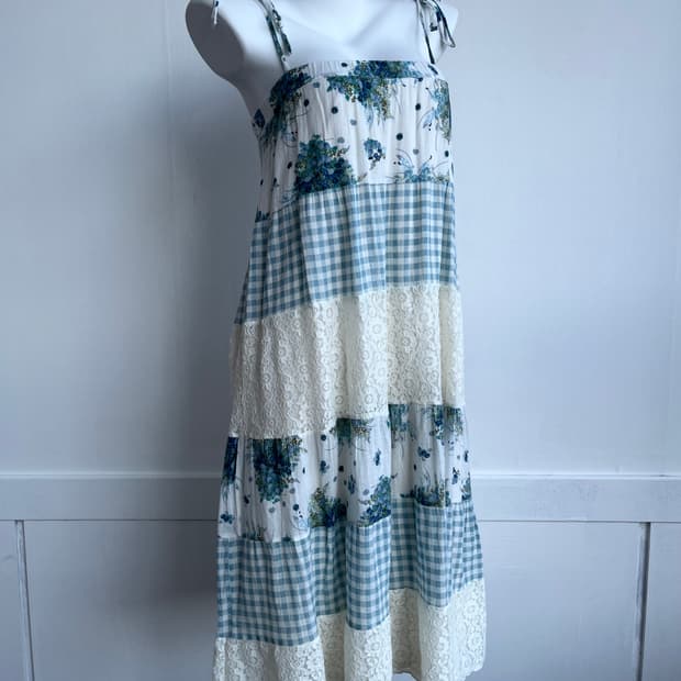 Silent Worth 블루 체크 레이스 끈 원피스