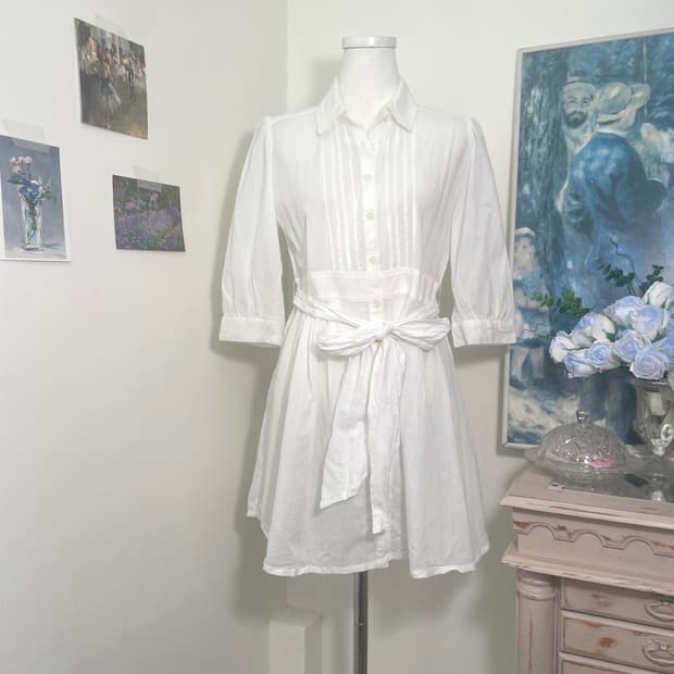 white cotton puff sleeve belt midi opc