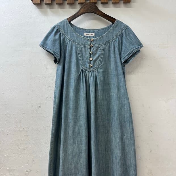 일본빈티지 블루 데님 코튼100% 요크 셔링 반팔 블라우스 원피스