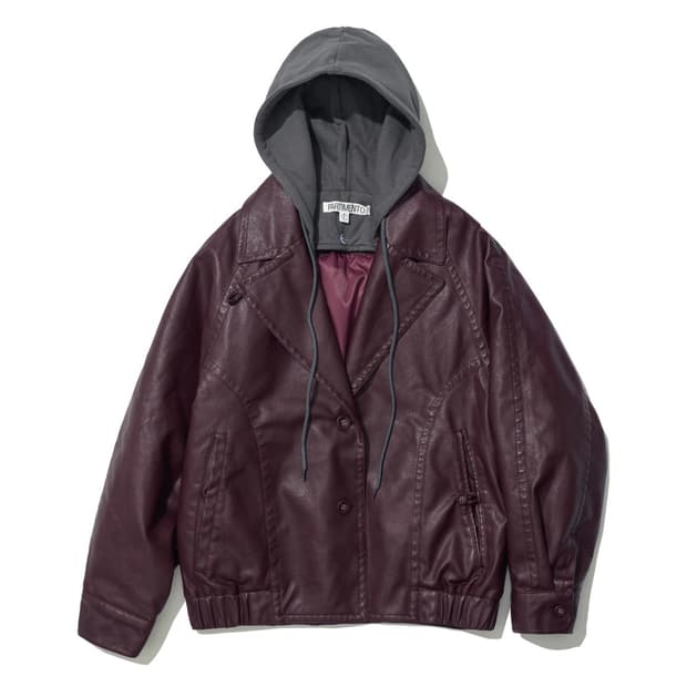 파르티멘토 우먼 투웨이 레더 후디 봄버 자켓 버건디