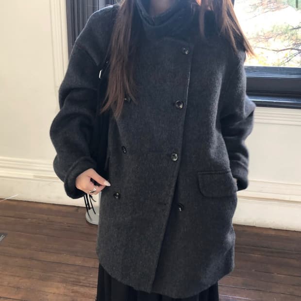 슬립오버 울 파운드 더블 코트 챠콜 하프 코트