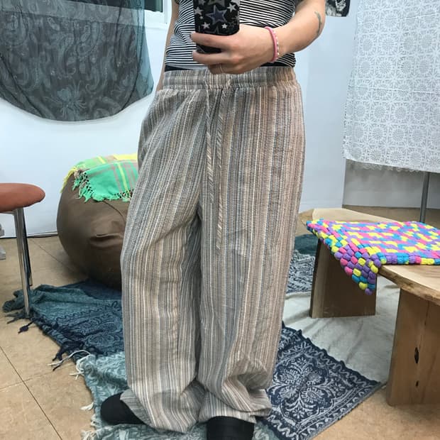 빈티지 여성 스트라이프 시어서커 밴딩 팬츠 