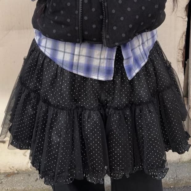 도트 망사 레이어드 프릴스커트