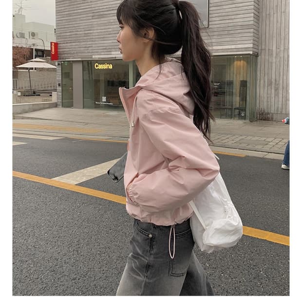핑크색 크롭 후드 바람막이