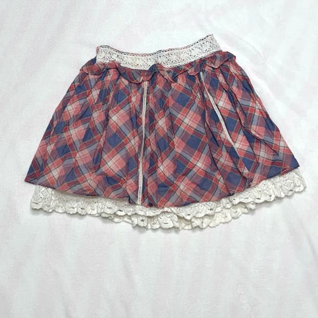 리즈리사 레드 블루 체크 레이스 스커트 치마 큐롯 니혼진 모리 빈티지