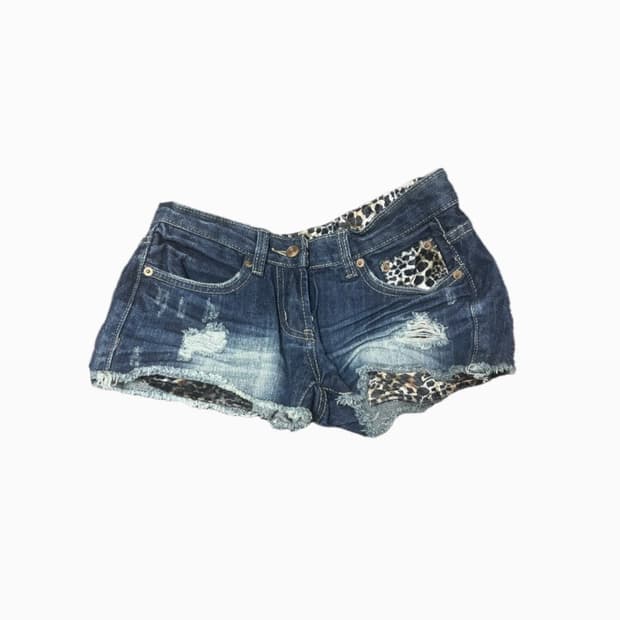 갸루 퍼호피) 빈티지 데님 청바지 호피 퍼 포인트 반바지