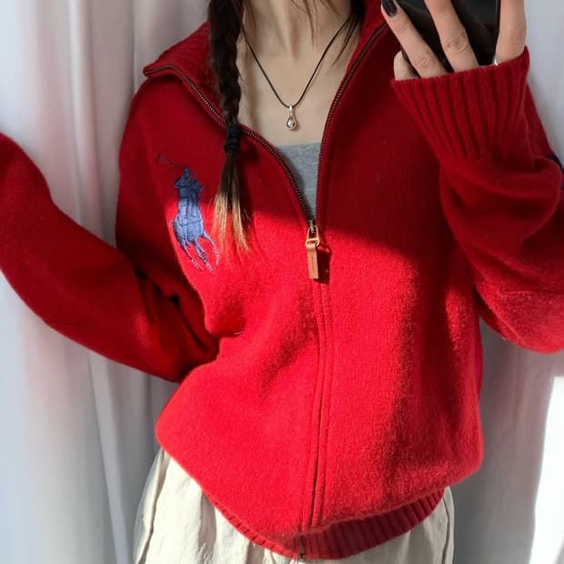 폴로 빅포니 니트집업 레드